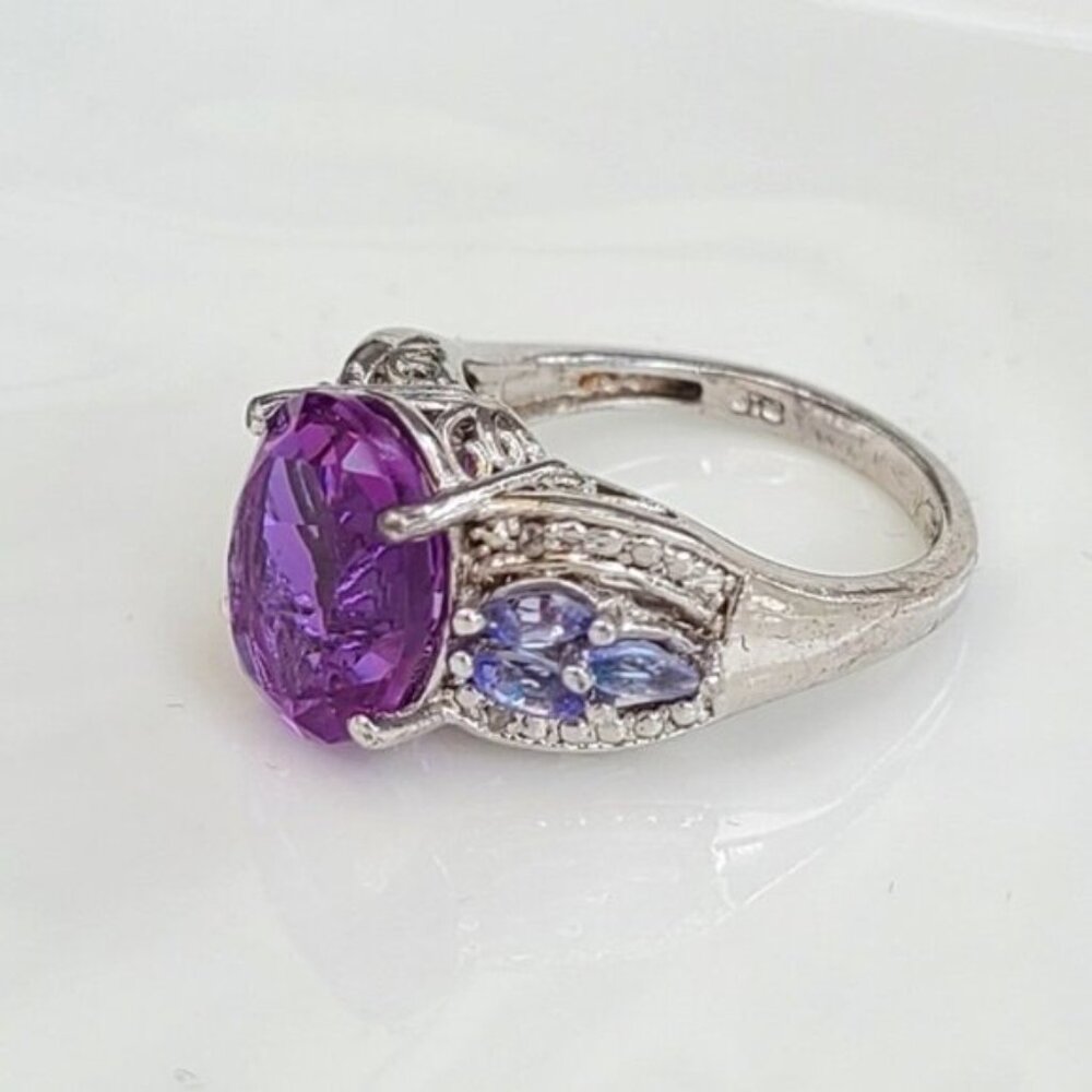 Vintage Boho Chunky Sterling Silver Purple Amethyst Tanzanite Oval Crystal Ring - Picture 2 of 8